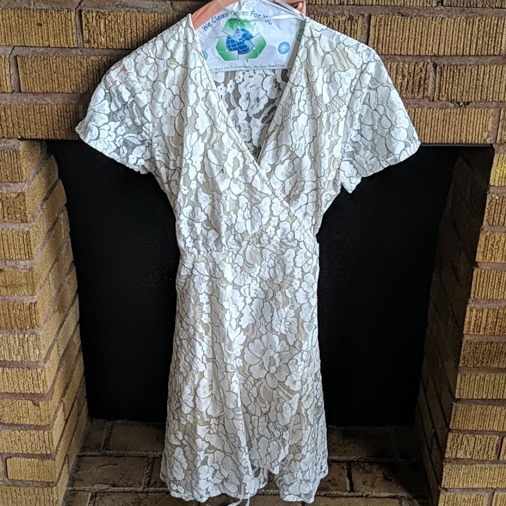 Vanilla Cap Sleeve White and Ecru Lace Wrap Dress